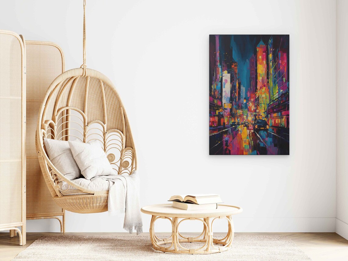 Rainy Neon City Street Avenue Night Glow Urban Painting Poster - Image 3