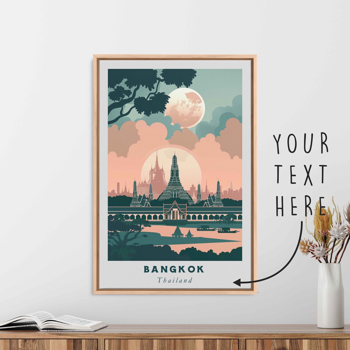 Bangkok Thailand Temple Spires Moonlit River Retro Travel Poster