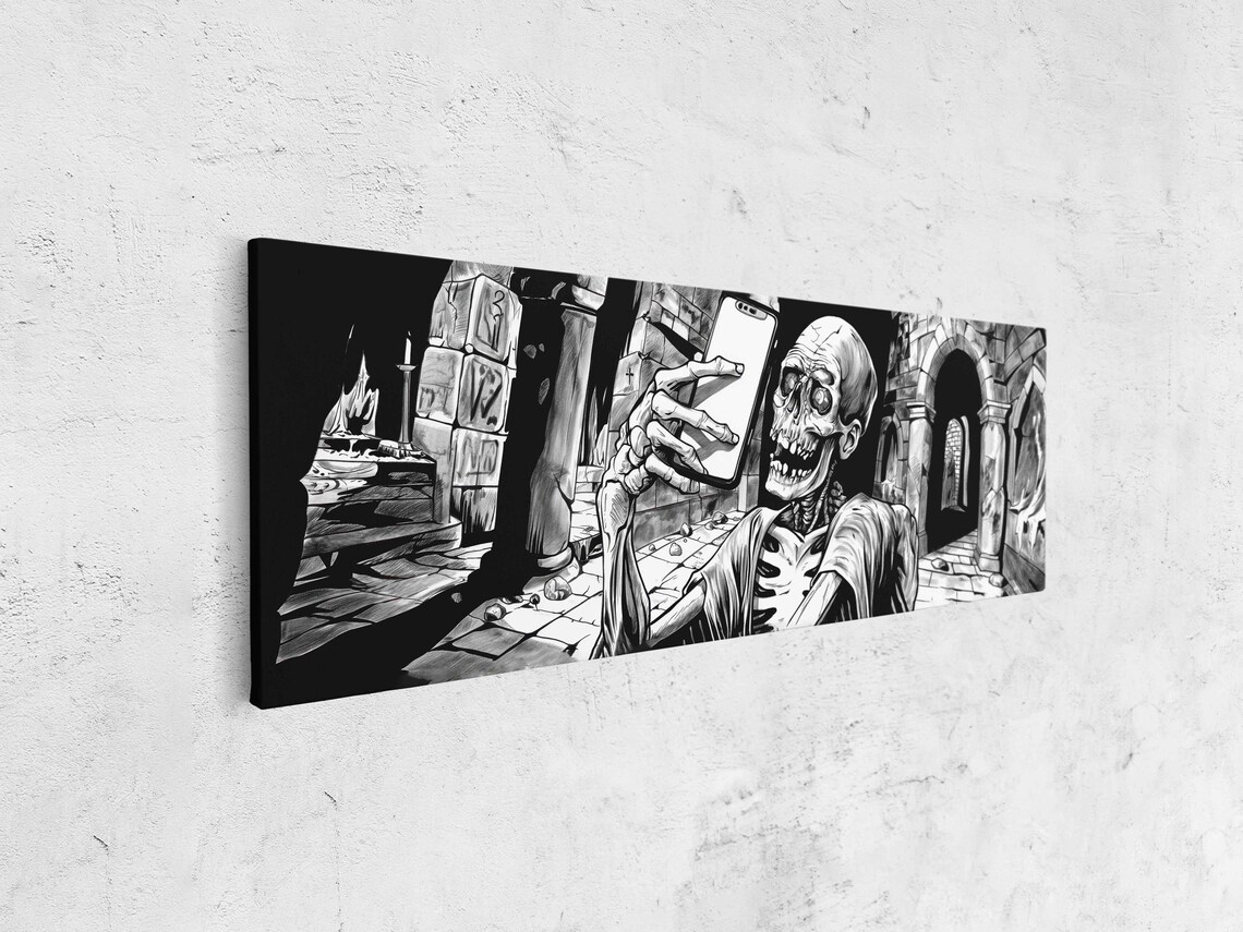 Skeleton Taking Selfie With Smartphone In Haunted Crypt Comic Ink Poster - Image 4