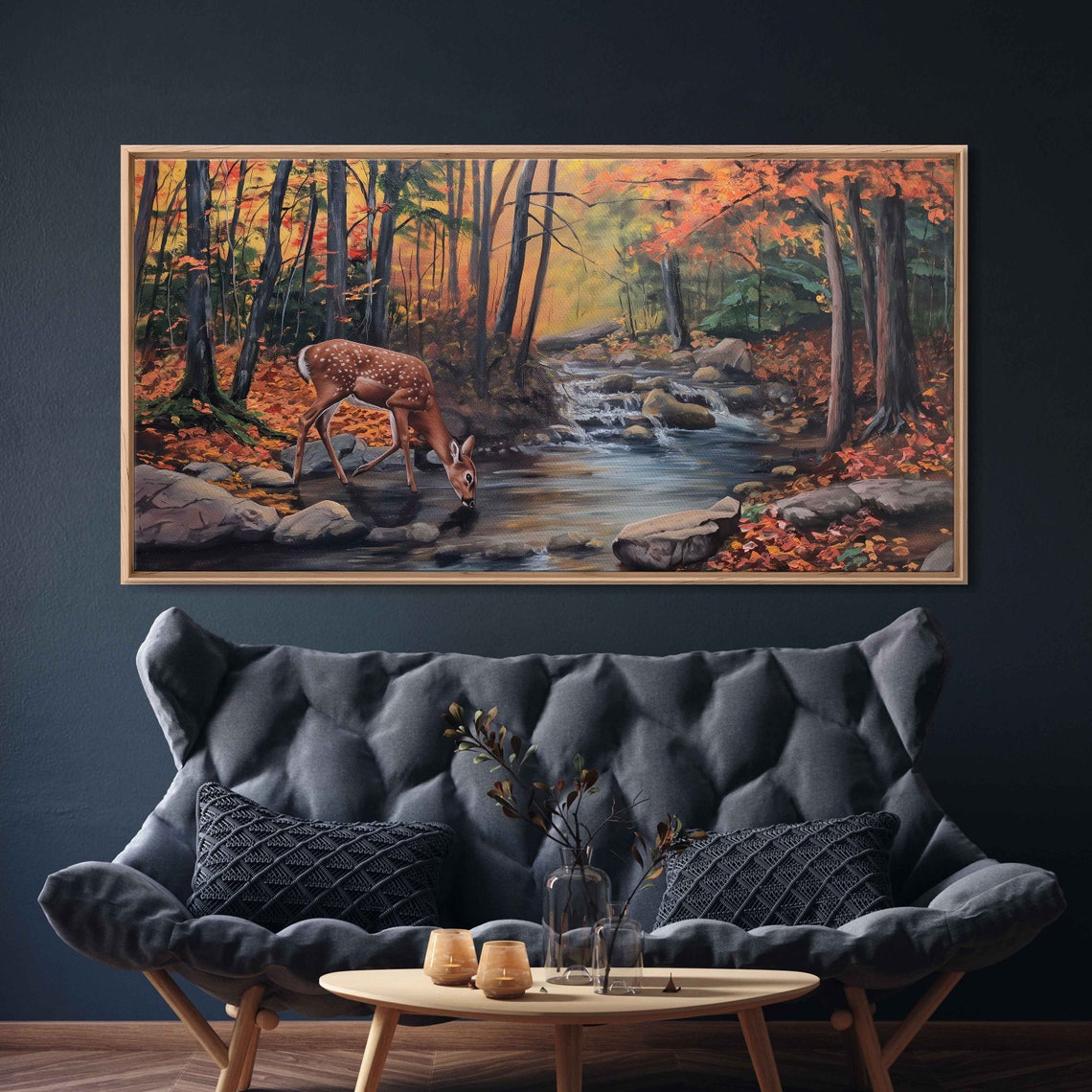Deer Drinking From Forest Stream In Autumn Woods Painting Poster - Image 3