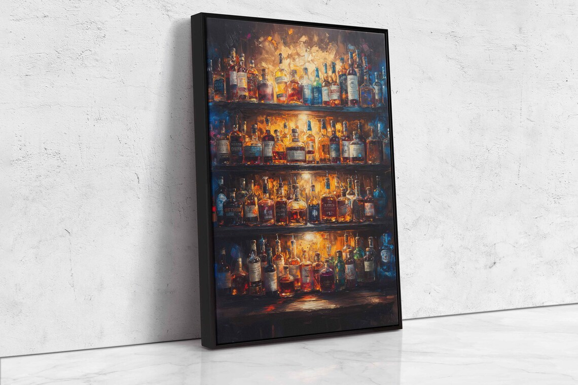 Liquor Bottles Behind Bar, Oil Painting Art Print - Image 4