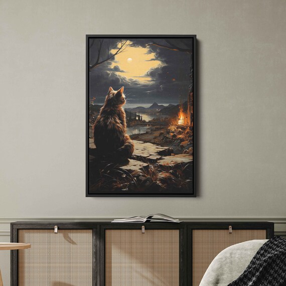 Long Haired Cat Gazing At Moonlit Coastal Town Night Painting Wall Art