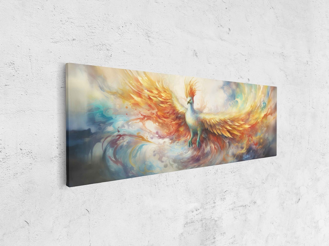 Colorful Phoenix Rising Watercolor Pastel Mythology Bird Panoramic Art - Image 4