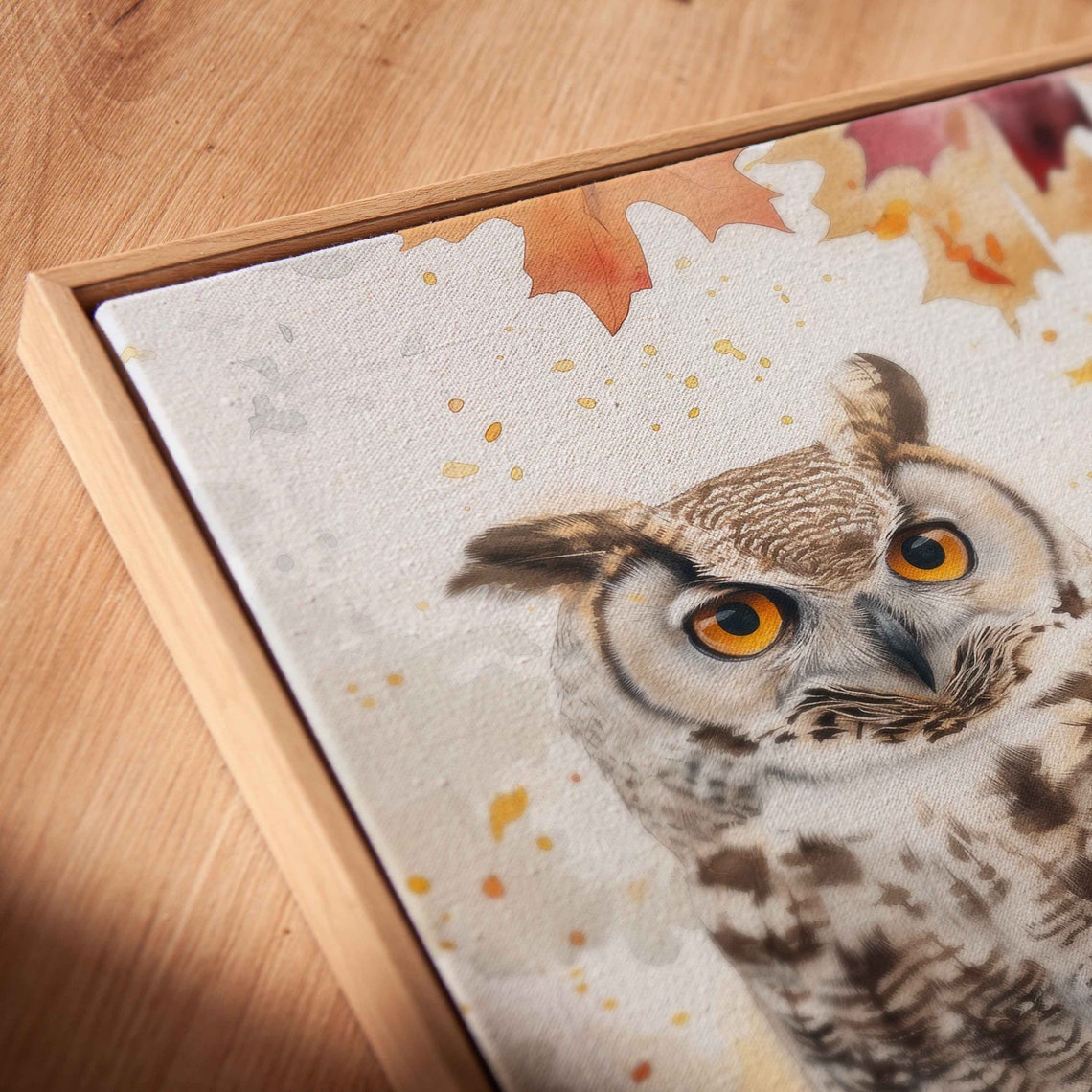 Great Horned Owl Perched On Branch With Autumn Leaves Art Poster - Image 2