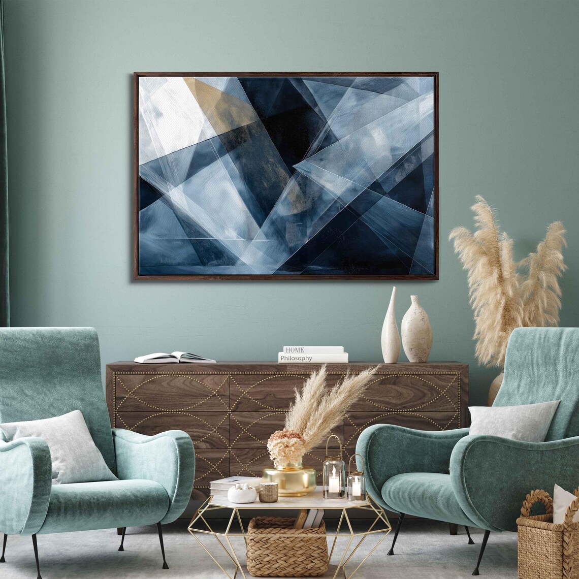 Shattered Glass Prisms Blue White Silver Geometric Abstract Wall Art