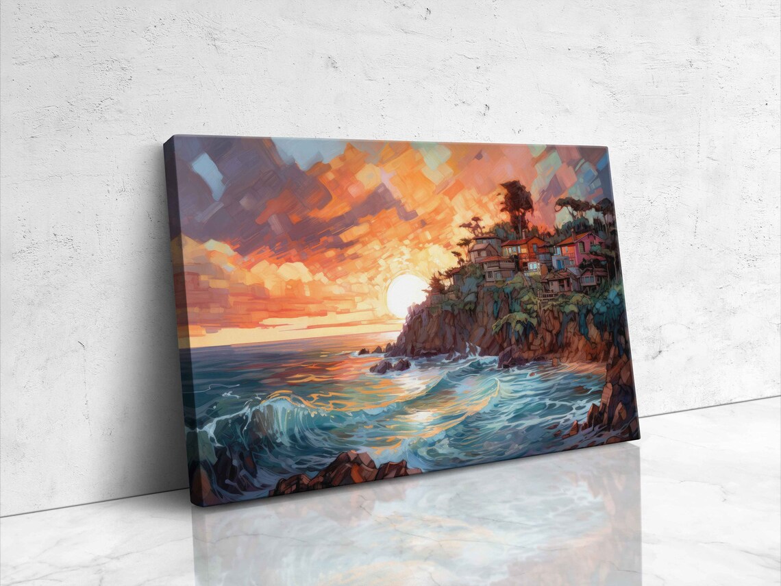 Seaside Cliff Village Golden Sunset Surf Ocean Painting Poster - Image 4