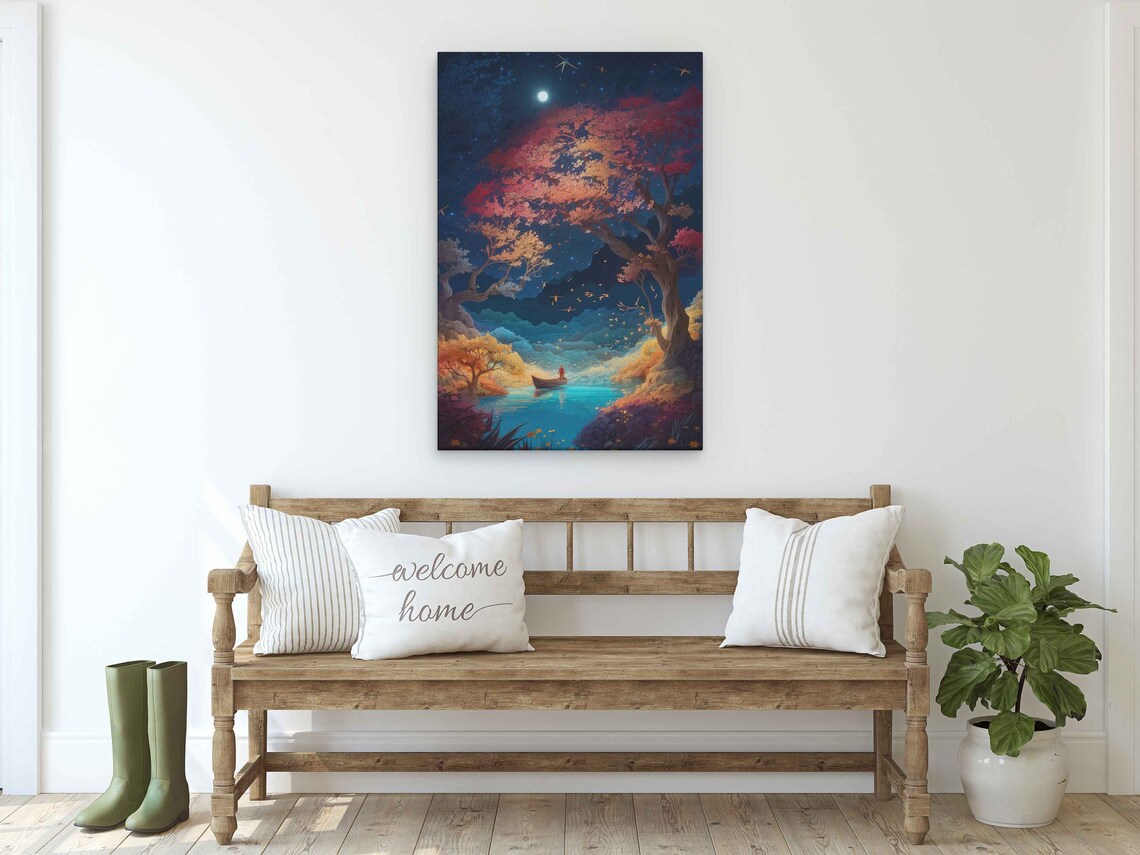 Moonlit Lake Boat With Autumn Trees Fantasy Dreamscape Art Poster - Image 2