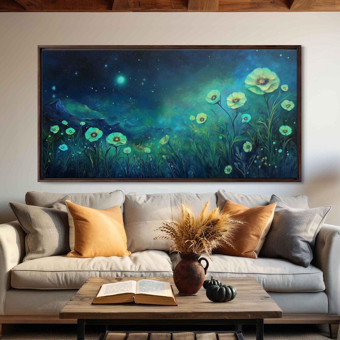 Glowing Green Flowers Starry Night Magical Meadow Dream Art Poster - Image 3