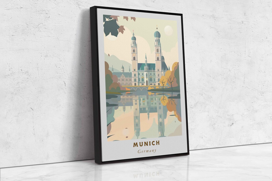 Munich Germany Twin Domed Church River Reflection Travel Poster - Image 2