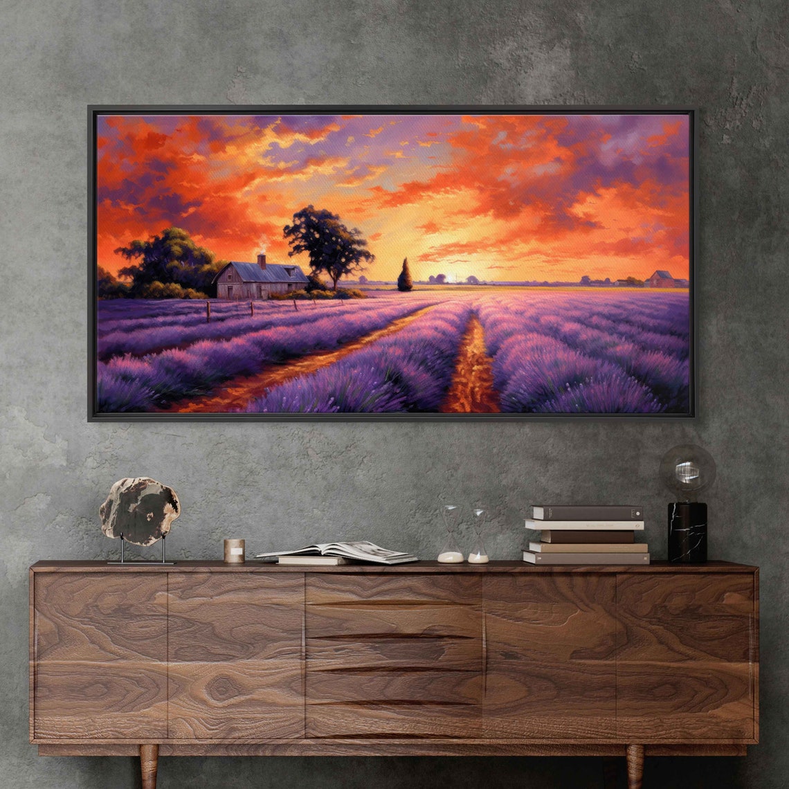 Lavender Farm at Fiery Sunset Rustic Barn Oil Painting Art Poster