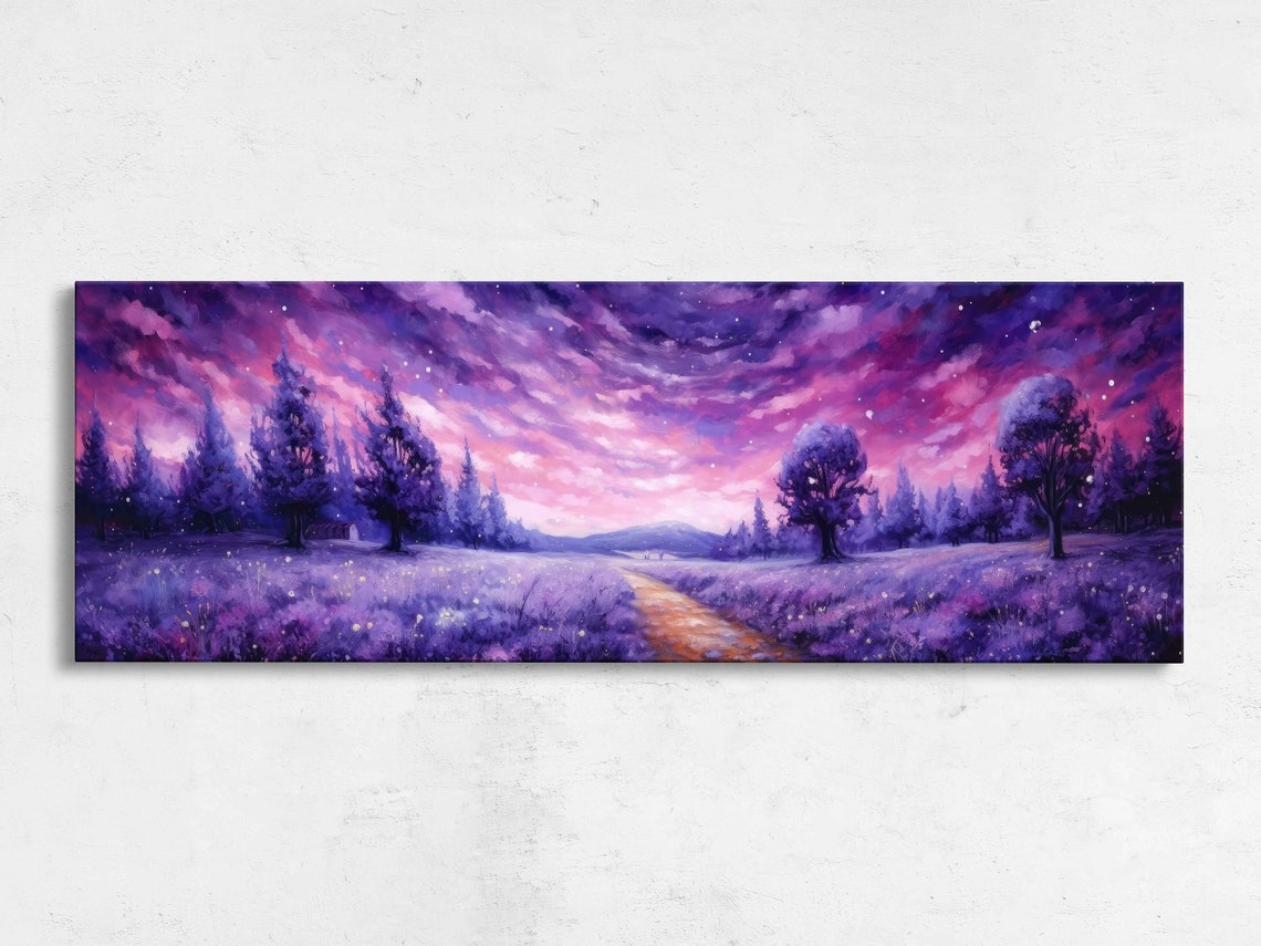 Lavender Field Pink Starry Night Sky Winding Path Panoramic Art Print