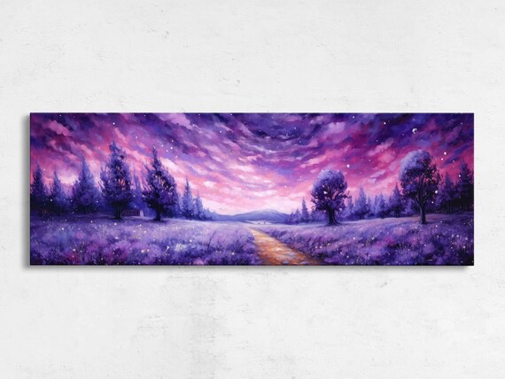 Lavender Field Pink Starry Night Sky Winding Path Panoramic Art Print