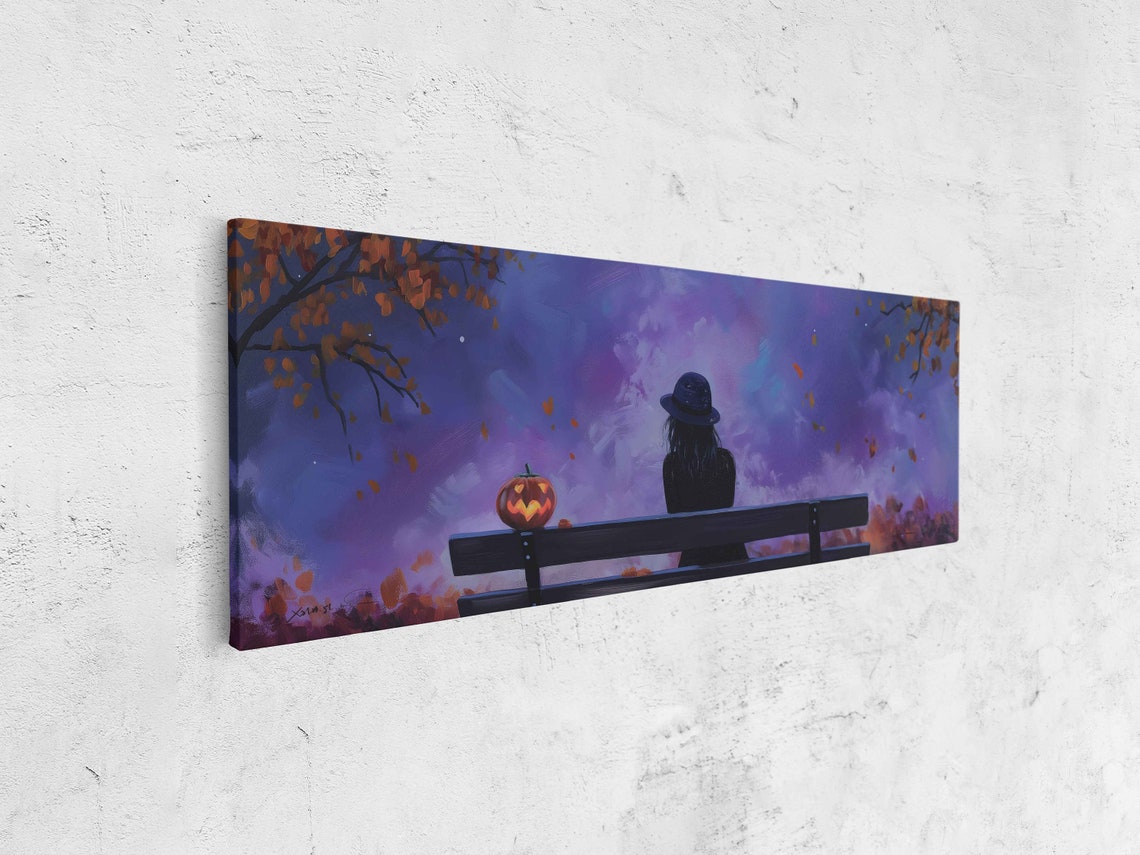 Witch Park Bench Jack O Lantern Purple Twilight Night Panoramic Poster - Image 4