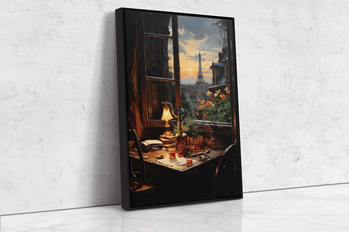 Eiffel Tower View Through Window Paris Sunset Cozy Desk Flowers Poster - Image 4