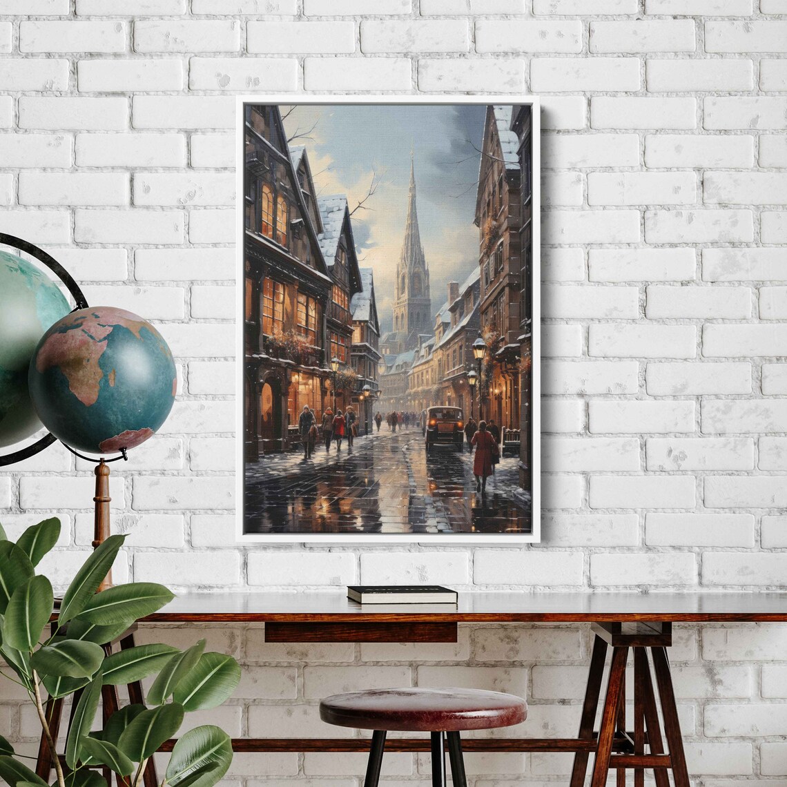 Snowy Bavarian Old Town Winter Street Church Spire Warm Lights Poster - Image 3
