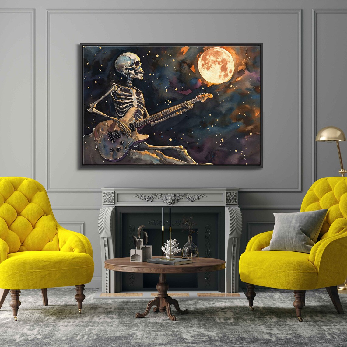Skeleton Playing Electric Guitar Under Full Moon Starry Poster