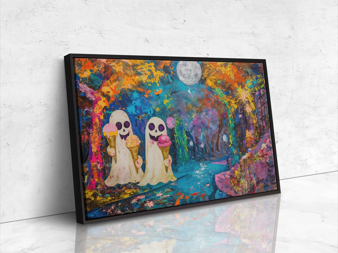 Cute Ghosts Eating Ice Cream Under Full Moon Colorful Poster - Image 4