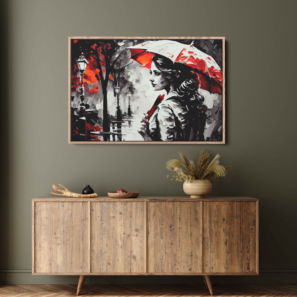 Woman With Umbrella, Black, White and Red Art Print - Image 3