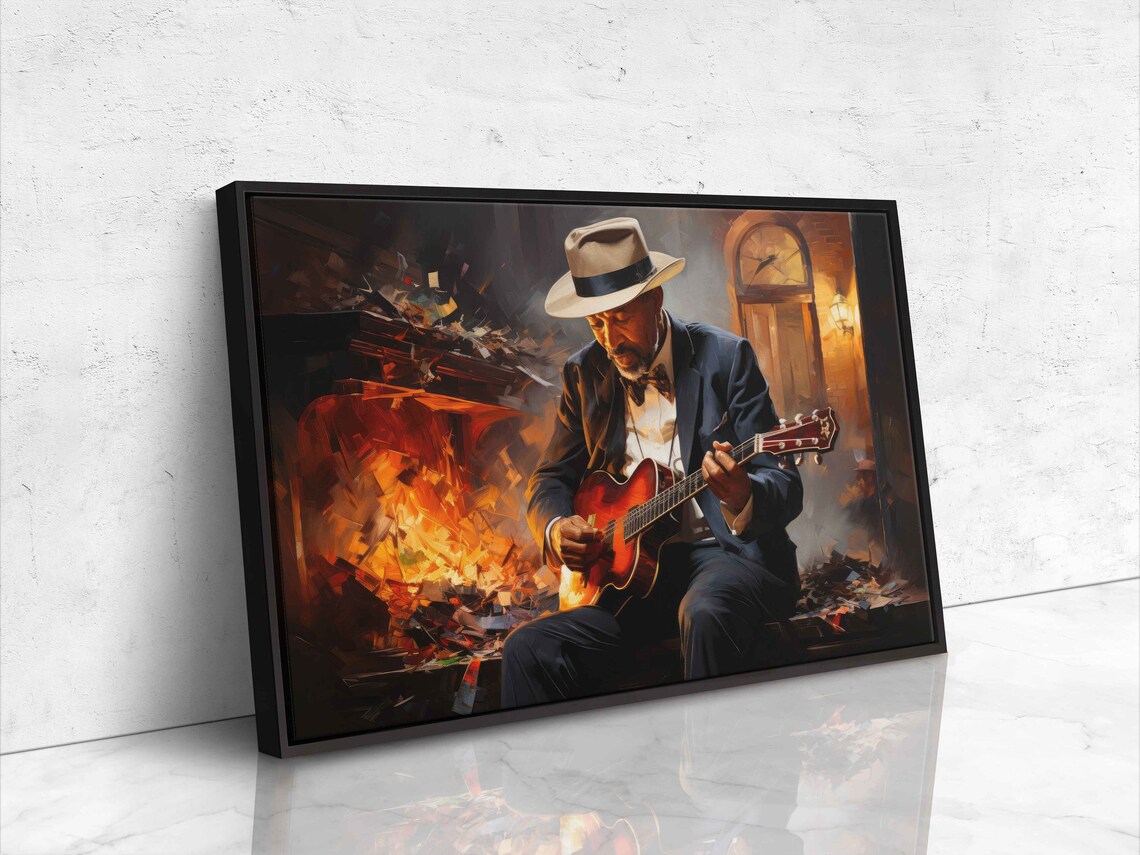 Blues Guitarist Fedora Jazz Musician Fireside Painting Music Art Print - Image 4