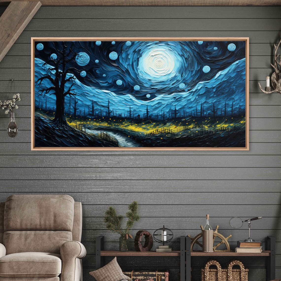 Starry Night Swirling Blue Sky Twisted Tree Golden Valley Art Poster - Image 2