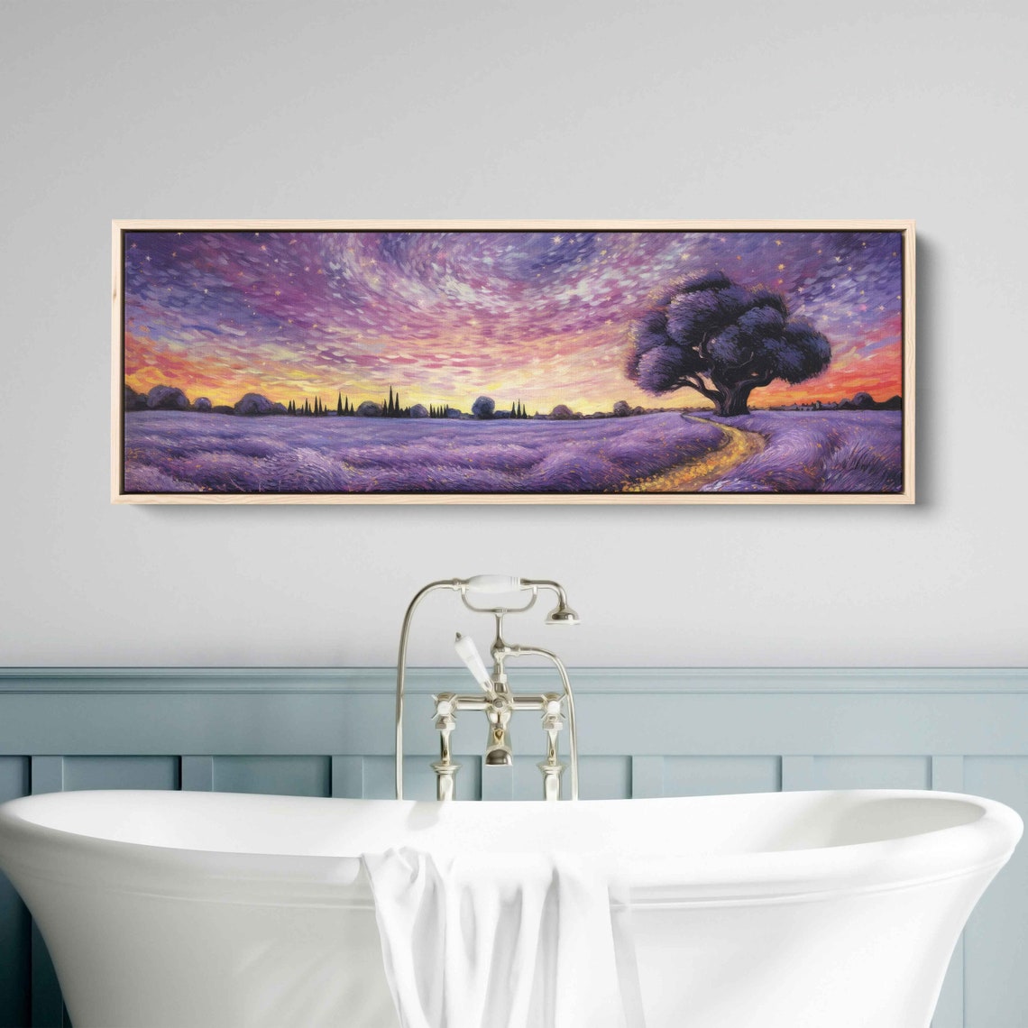 Lavender Field Starry Sunset Sky Golden Path Panoramic Art Poster - Image 2