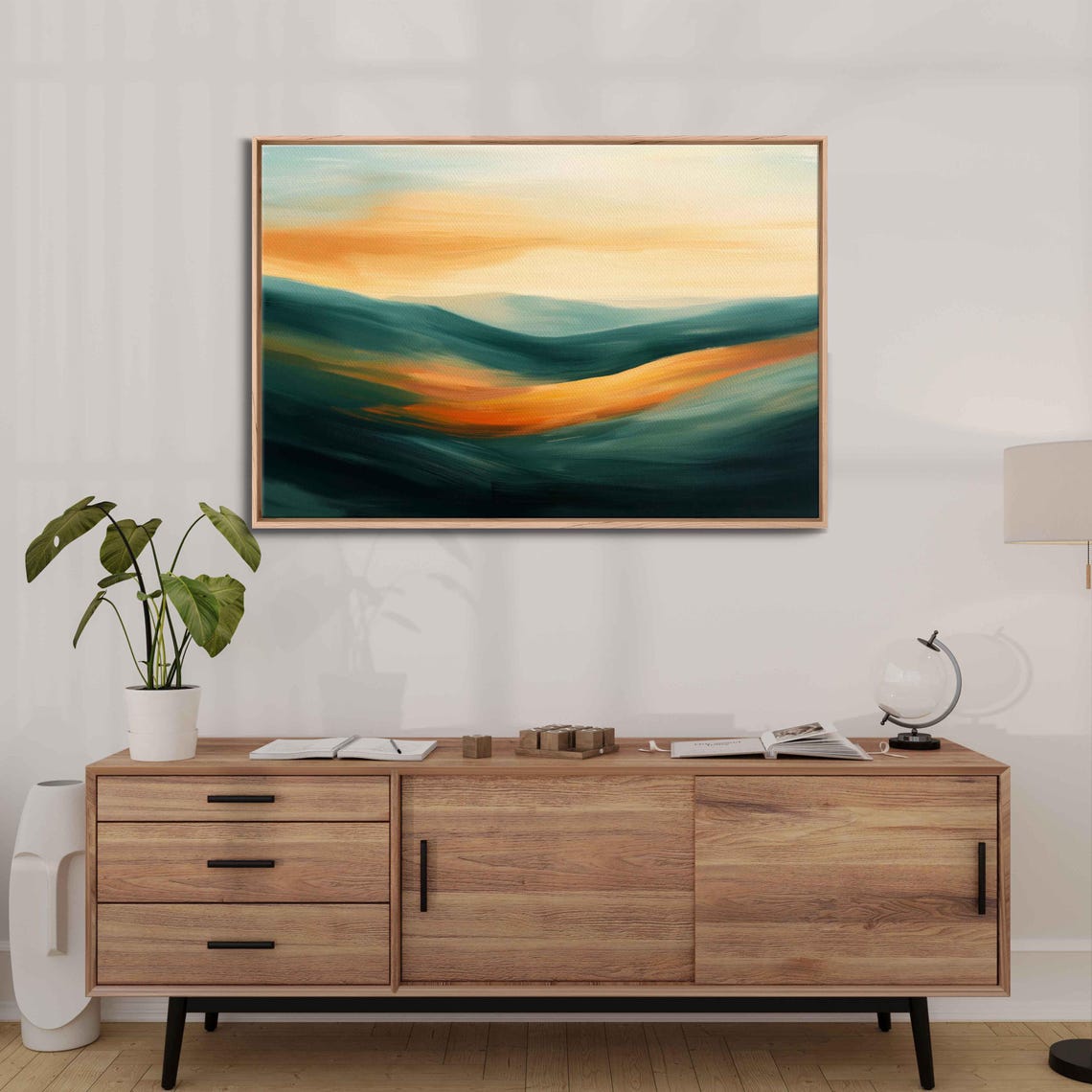 Abstract Sunset Landscape Swirling Teal Orange Modern Art Poster