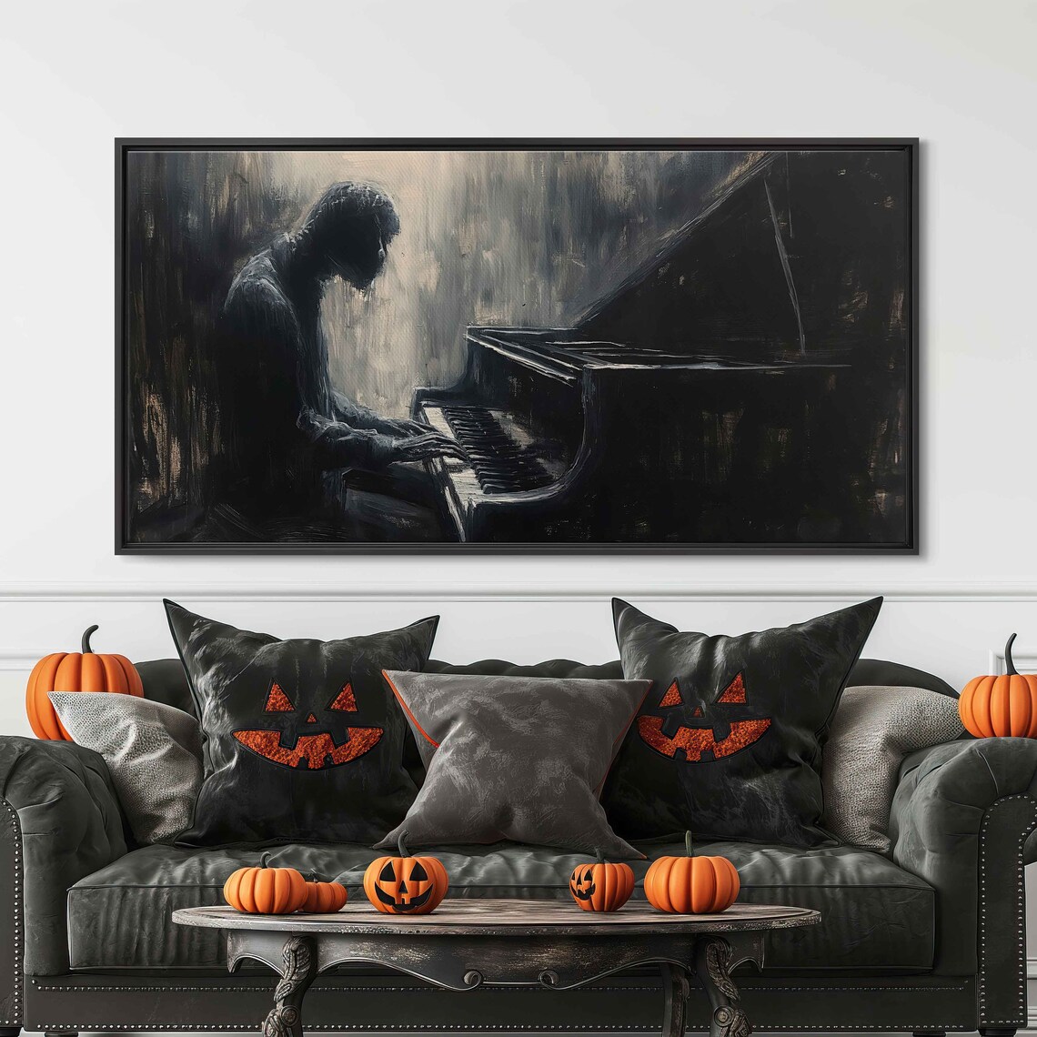 Spooky Ghoul Playing Grand Piano In Dark Haunted Ballroom Poster