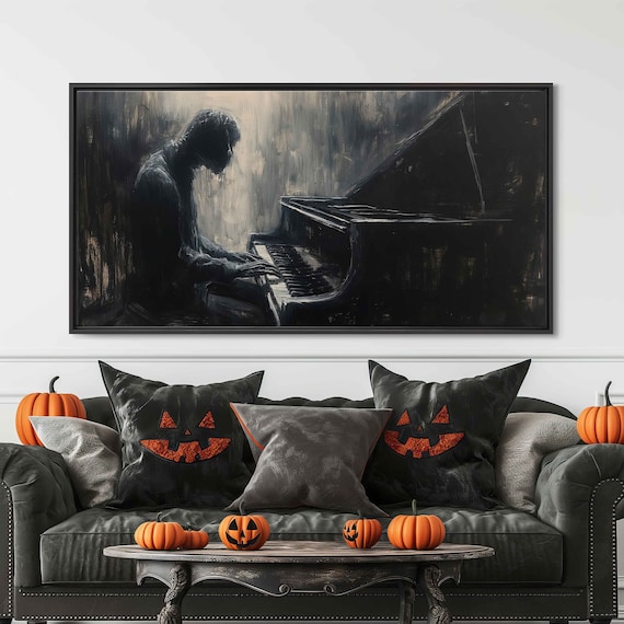 Spooky Ghoul Playing Grand Piano In Dark Haunted Ballroom Poster