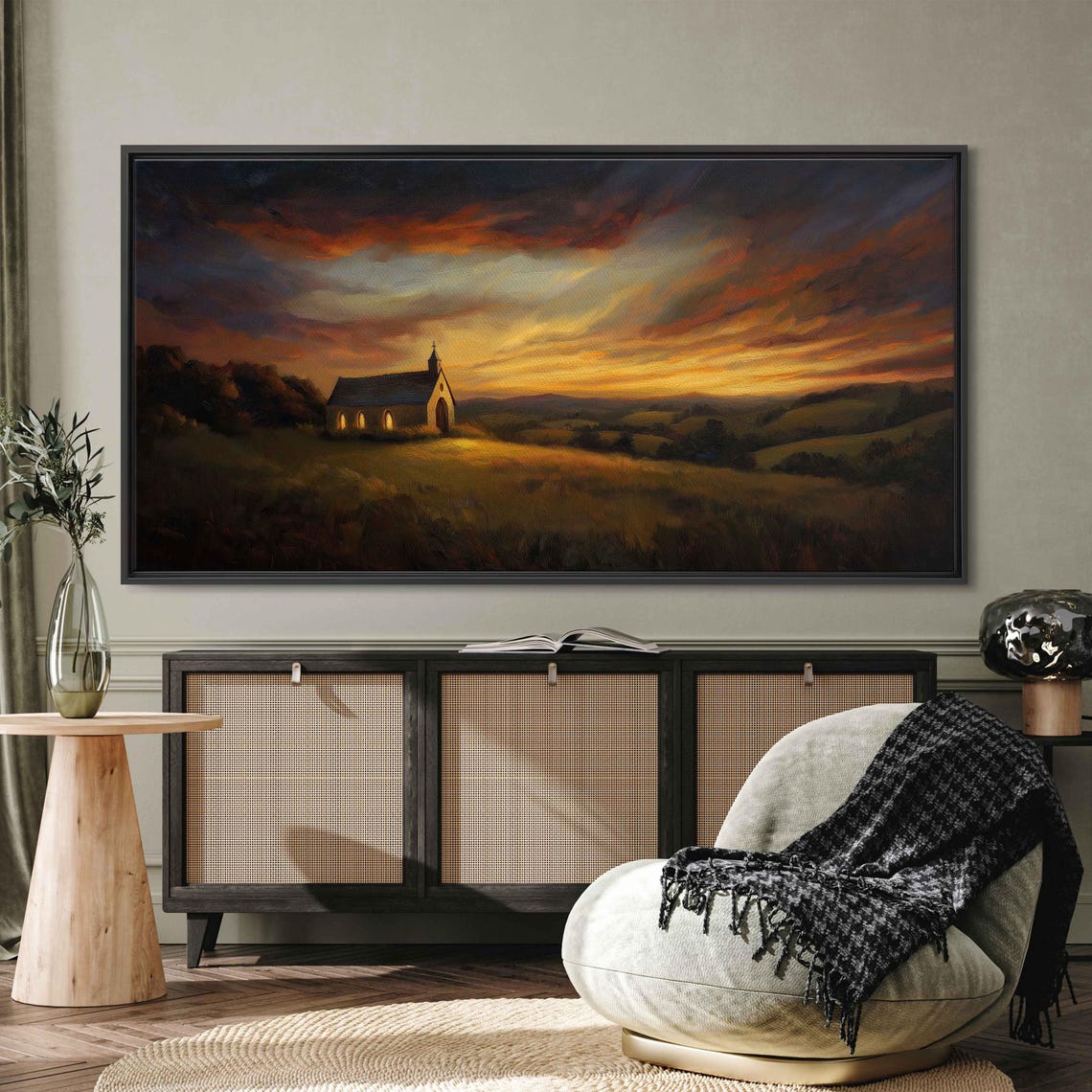 Charming Chapel At Dusk Golden Fields Dramatic Sunset Sky Art Poster