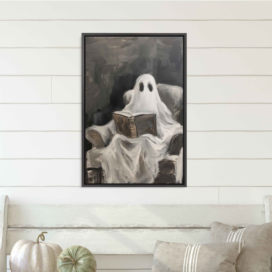 Cute Ghost Reading Book In Armchair Black White Halloween Poster - Image 3
