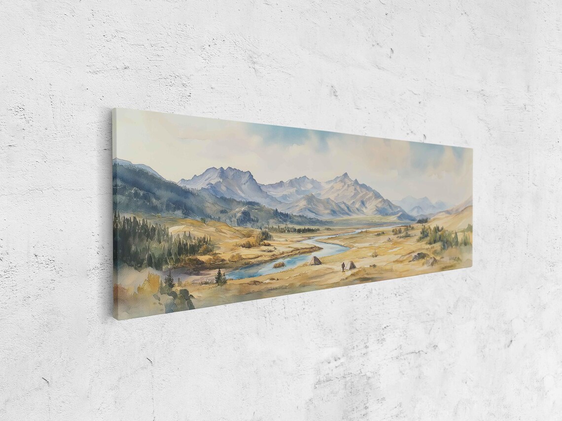 Expansive Wilderness Valley River Mountains Watercolor Landscape Poster - Image 4