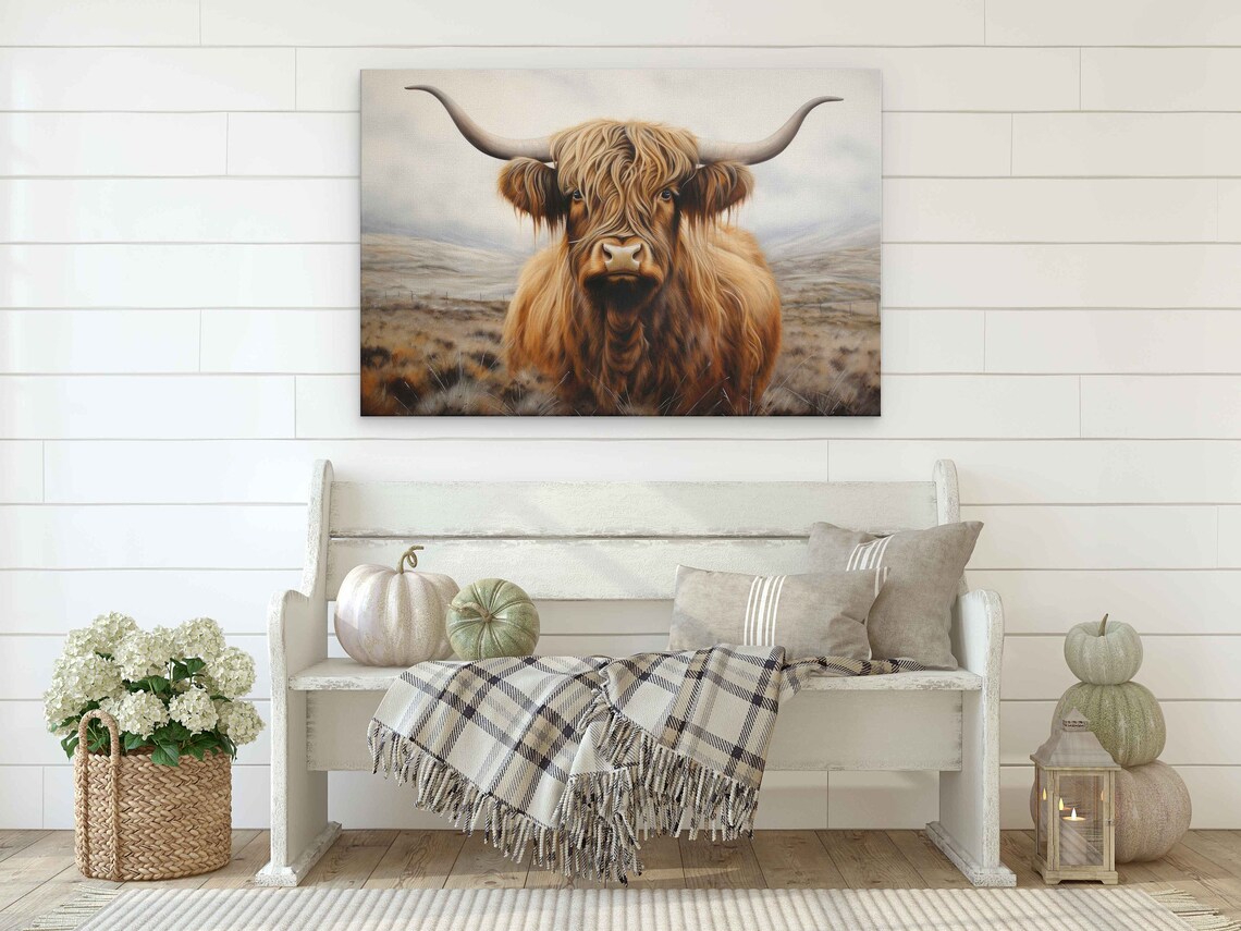 Highland Cow Close Up Portrait Misty Moor Golden Fur Watercolor Poster - Image 2
