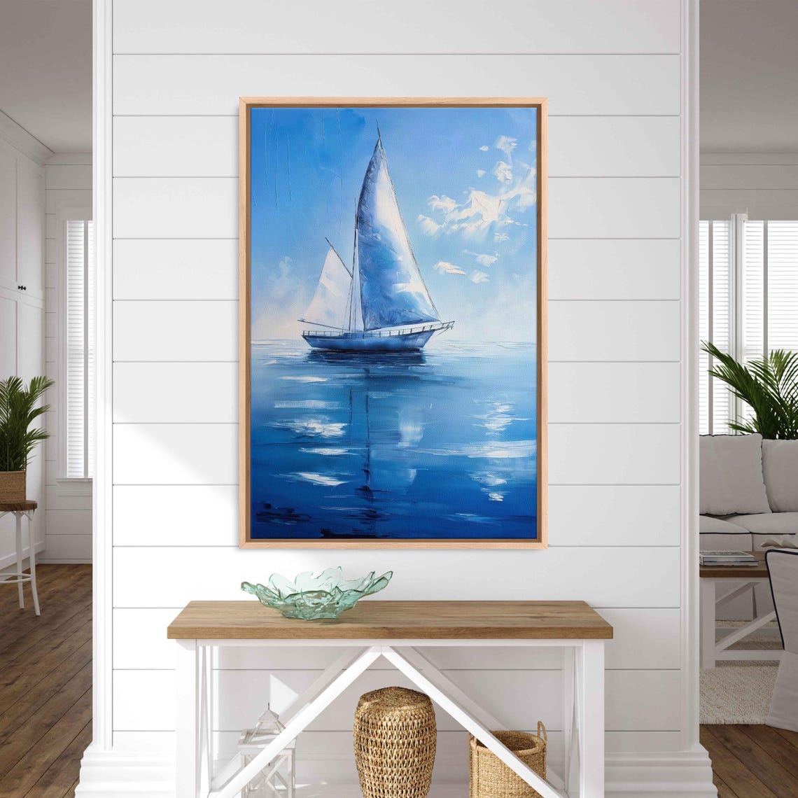 Sailboat Gliding On Mirror Calm Blue Ocean Minimalist Art Poster - Image 3