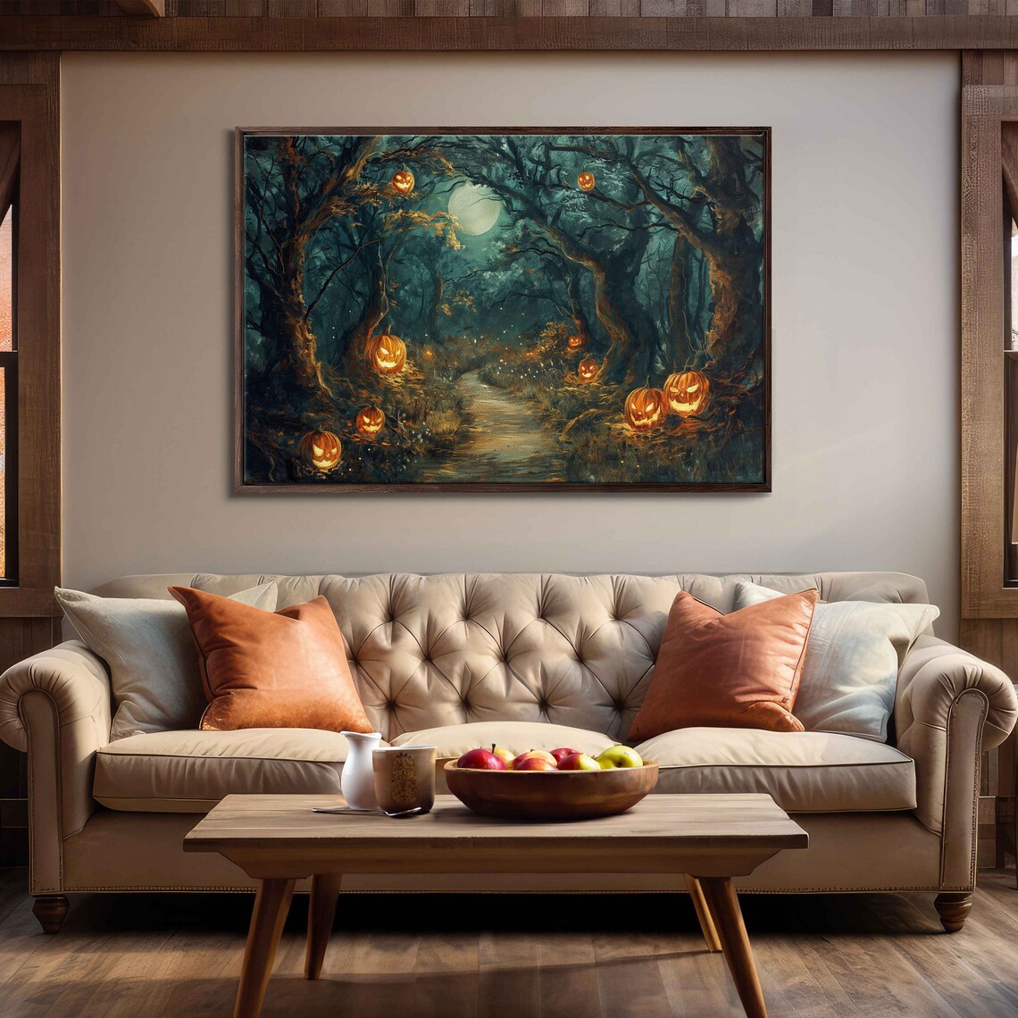 Moonlit Forest Path Lined With Glowing Jack O Lanterns In Foggy Night Wall Art - Image 3