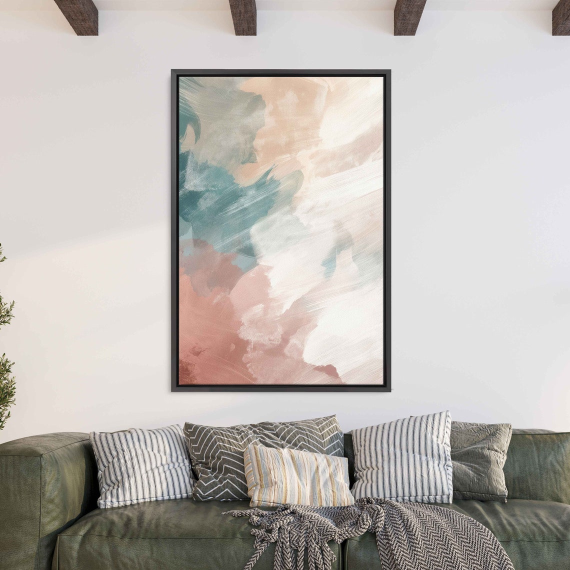 Teal White Rose Vertical Brushstrokes Pastel Abstract Painting Poster - Image 3