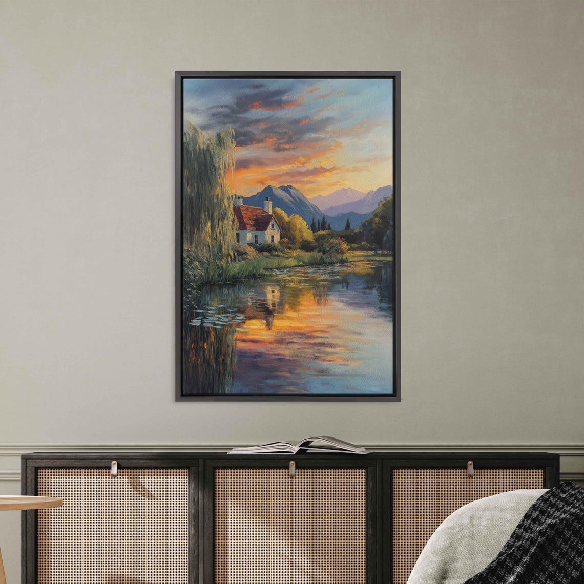 Tranquil Cottage Scene By A Sparkling Pond Wall Art Print