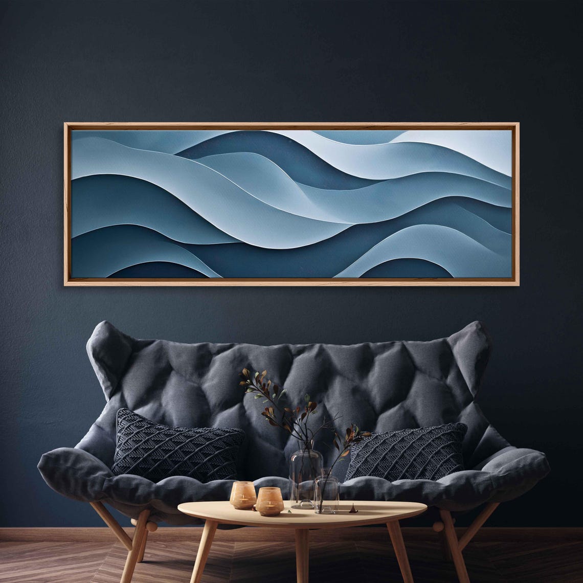 Minimalist Blue Wave Lines Abstract Panoramic Calming Ocean Art Print