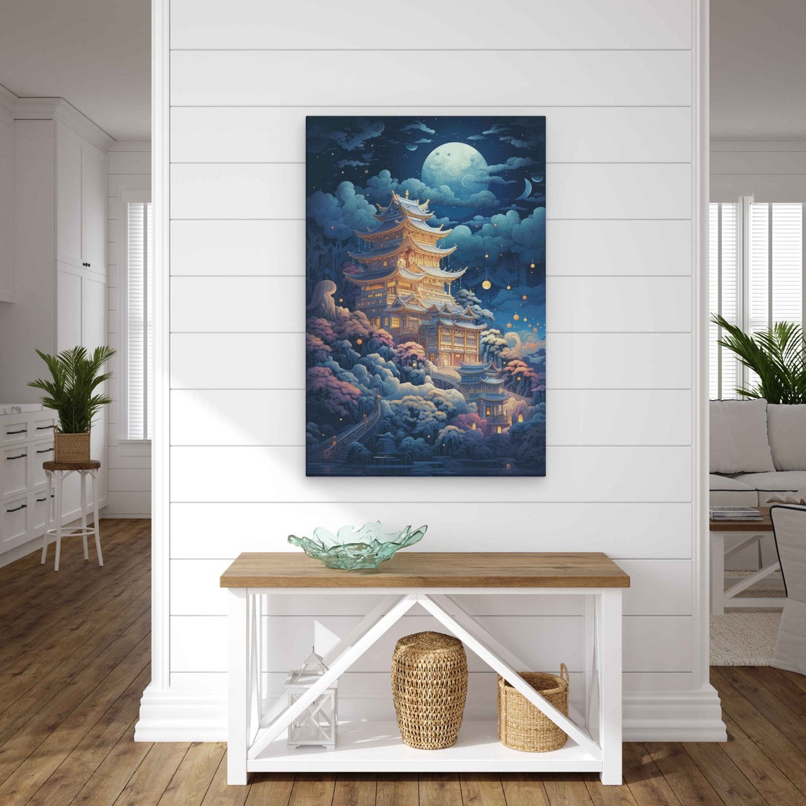 Chinese Pagoda Temple Under Full Moon Night Sky Lanterns Art Poster - Image 2
