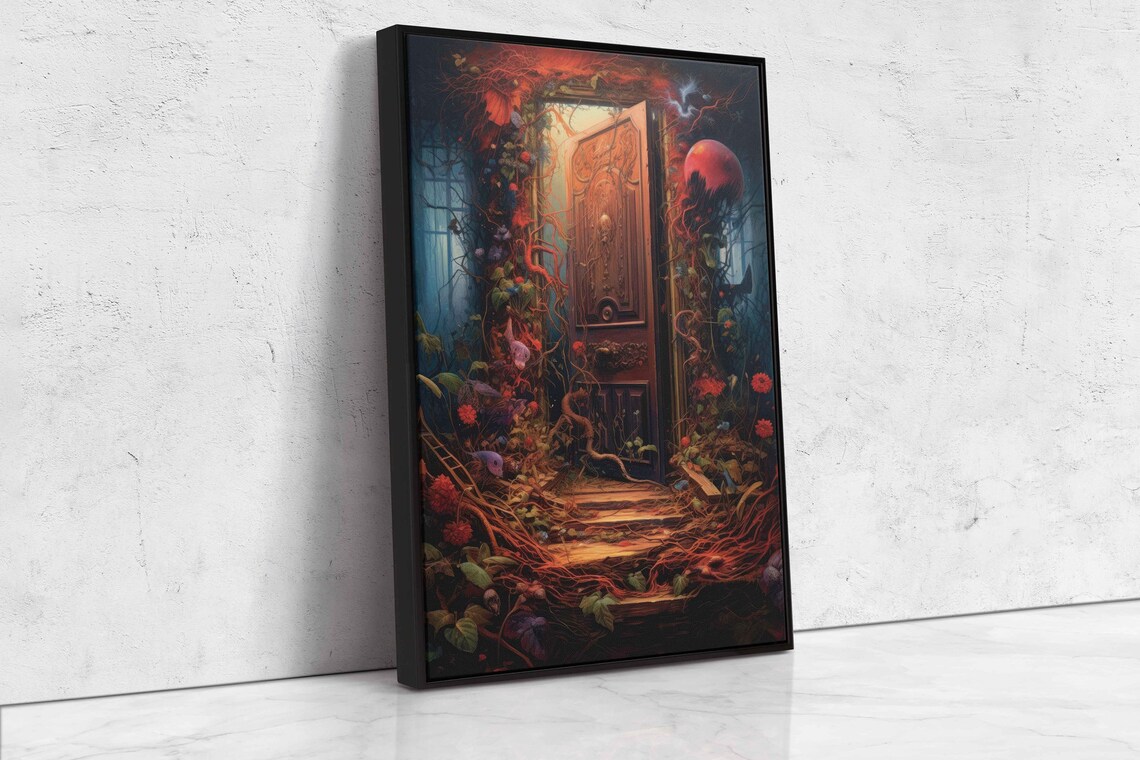 Glowing Carved Door Red Vines Blooms Magical Fantasy Art Print - Image 4