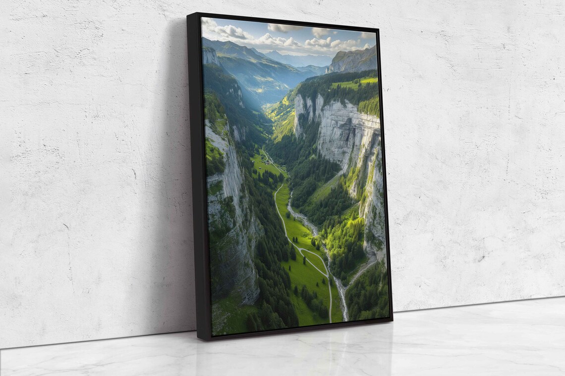 Overhead View Of Long Winding Road Through Lush Mountain Valley Wall Art Print Deep Mountain Gorge Ready To Hang - Image 4