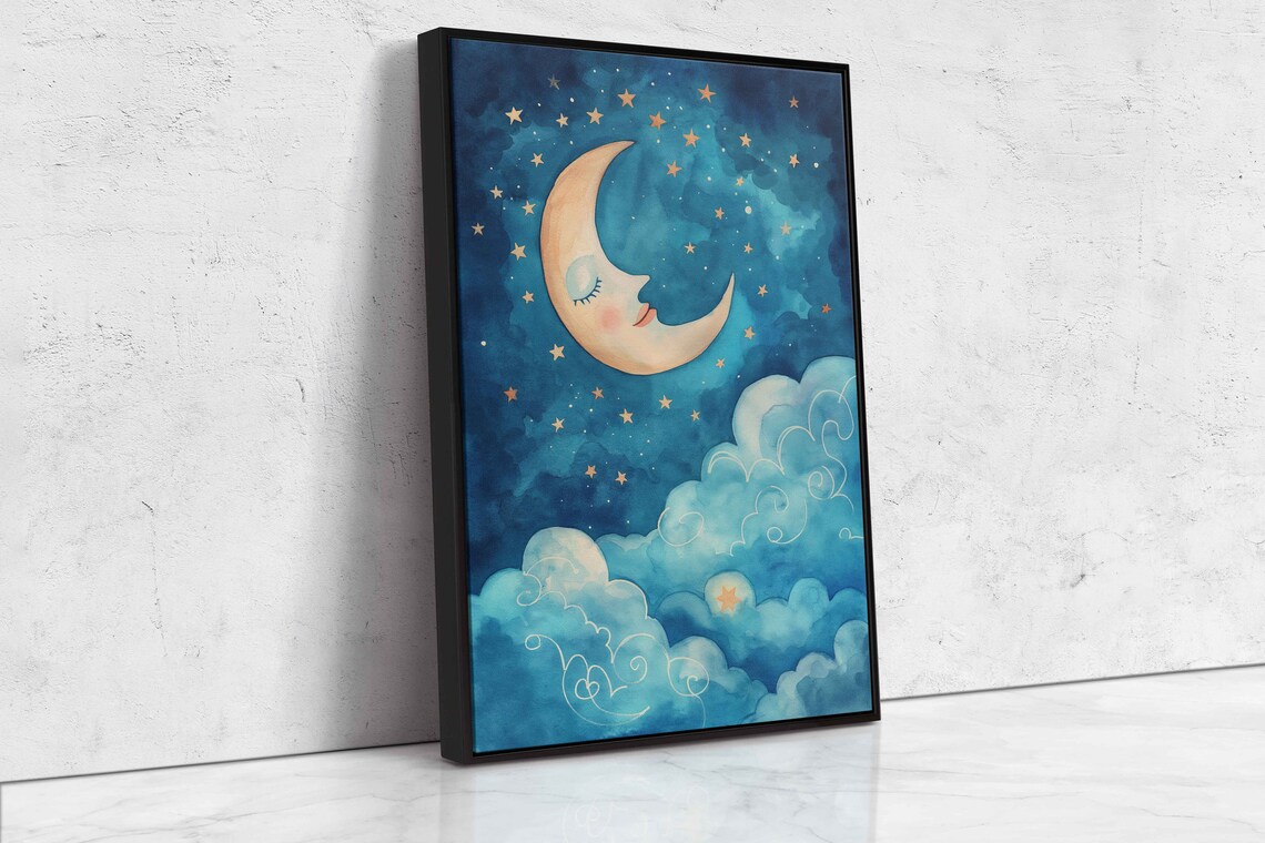 Smiling Crescent Moon And Stars Blue Night Sky Kids Room Watercolor Poster - Image 4
