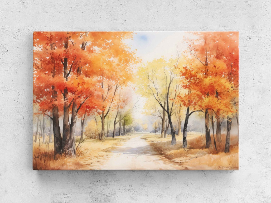 Calm Autumn Walkway Watercolor Orange Trees Fall Colors Wall Art Print