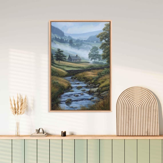 Cabin During Misty Morning English Countryside Acrylic Wall Art Print Peaceful Mountain Stream Ready To Hang