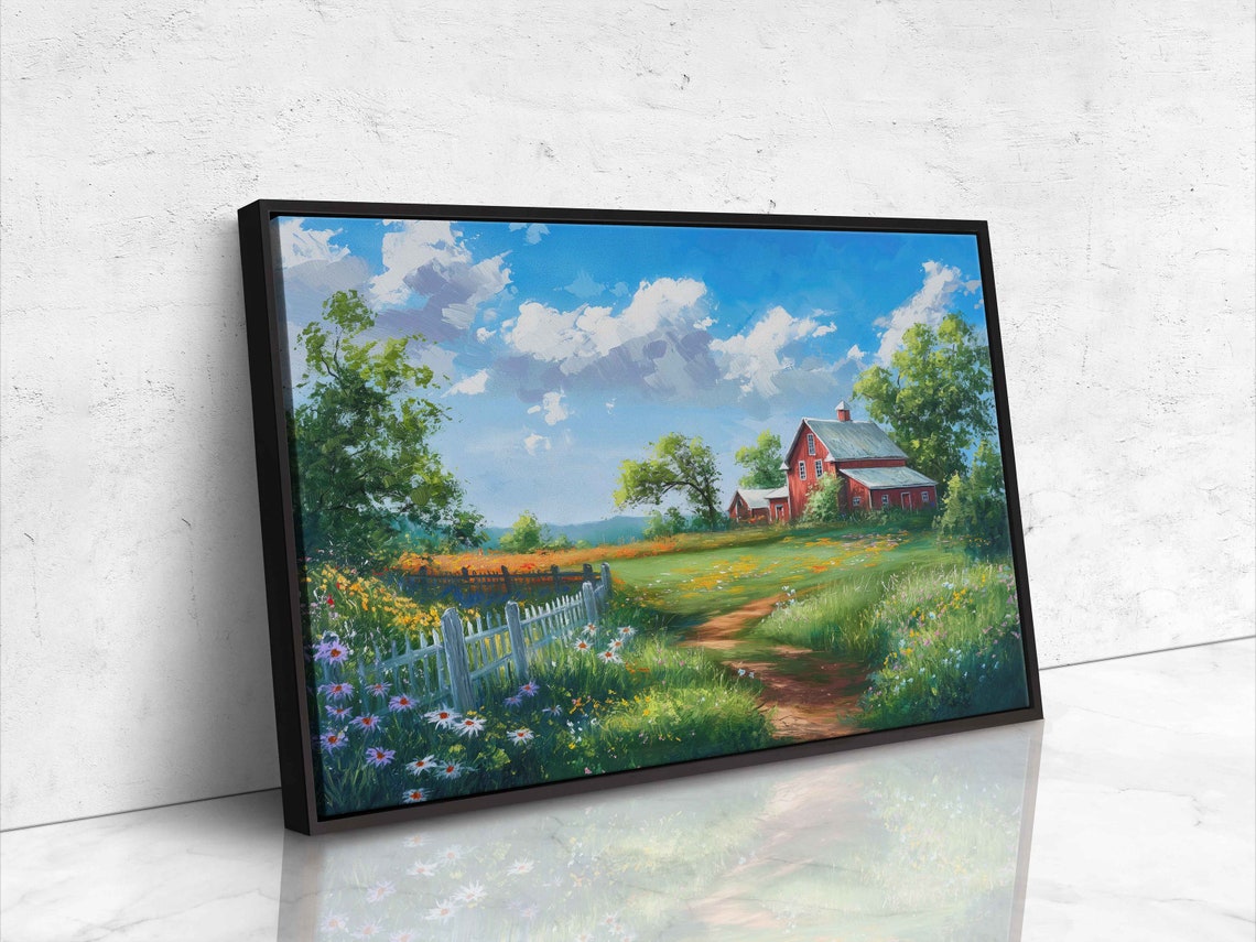 Serene Barn Landscape Paitning Cloudy Blue Sky Lush Greenery White Picket Fence Wall Art Print Ready To Hang - Image 4