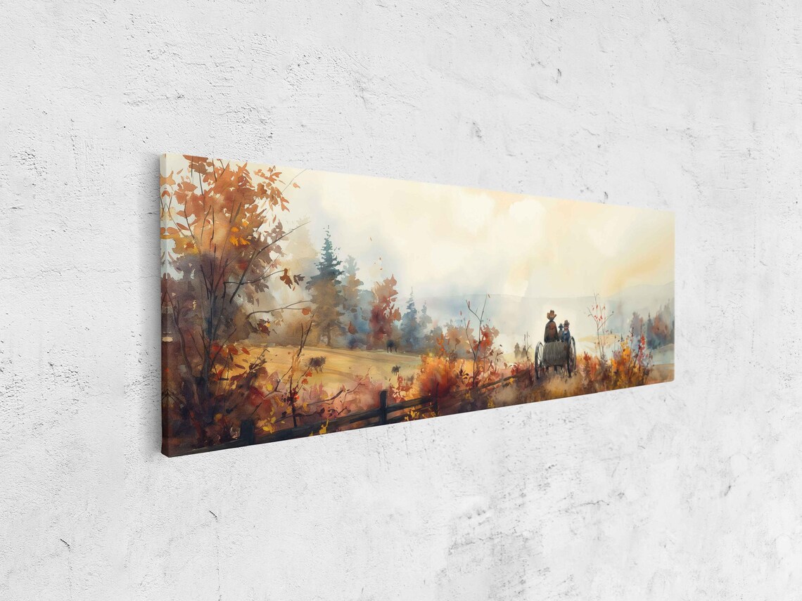 Family Hayride Through Misty Autumn Landscape Watercolor Scene Poster - Image 4