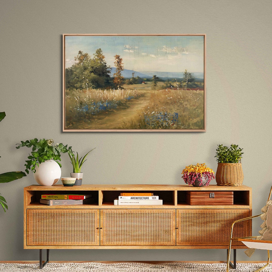 Vintage Landscape Painting Lush Greenery Cloudy Blue Sky Wall Art Print Ready To Hang - Image 3