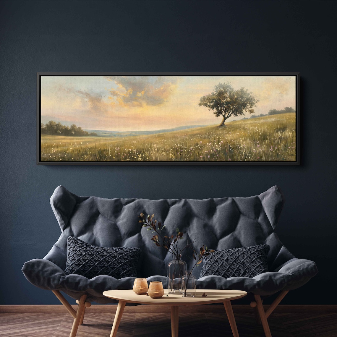 Minimalistic Serene Meadow Landscape Panoramic Wall Art Print Lone Tree In Grassland Nature Painting Ready To Hang - Image 3