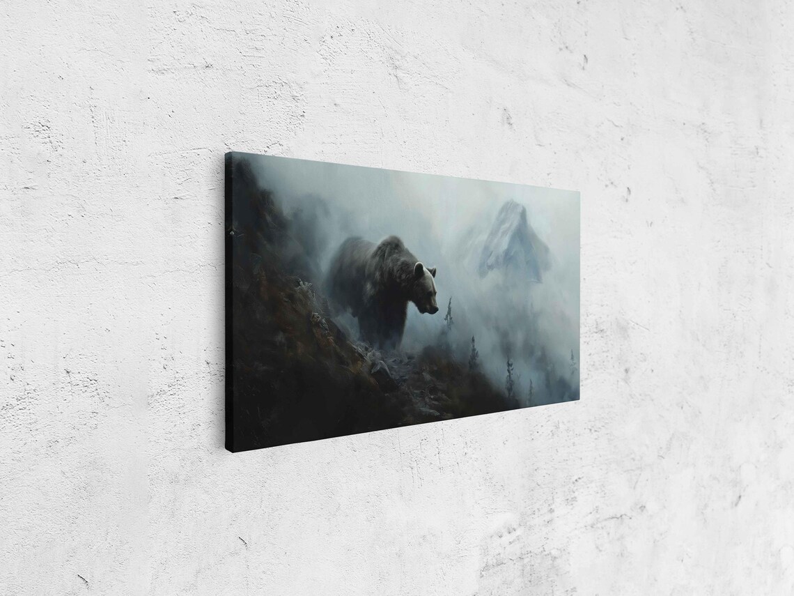 Grizzly Bear Emerging From Foggy Mountain Forest Oil Painting Poster - Image 4