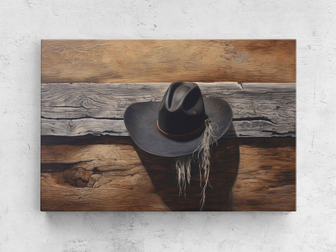 Black Cowboy Hat on Driftwood Rustic Western Cabin Art Print Poster