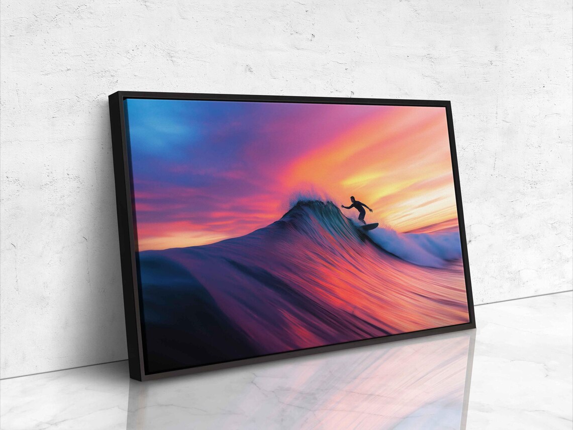 Surfer Riding Giant Wave At Neon Pink Sunset Ocean Art Poster - Image 4